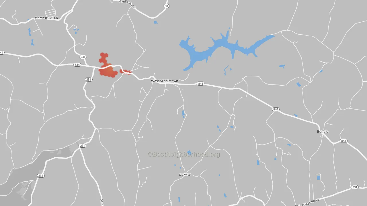 Walk Grade map of West Middletown, PA, walkable areas in green and car-dependent areas in red