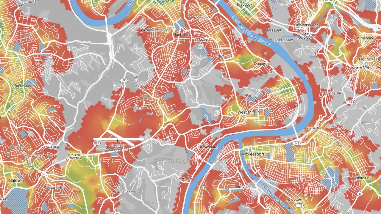 Walk Grade map of West Mifflin, PA, walkable areas in green and car-dependent areas in red