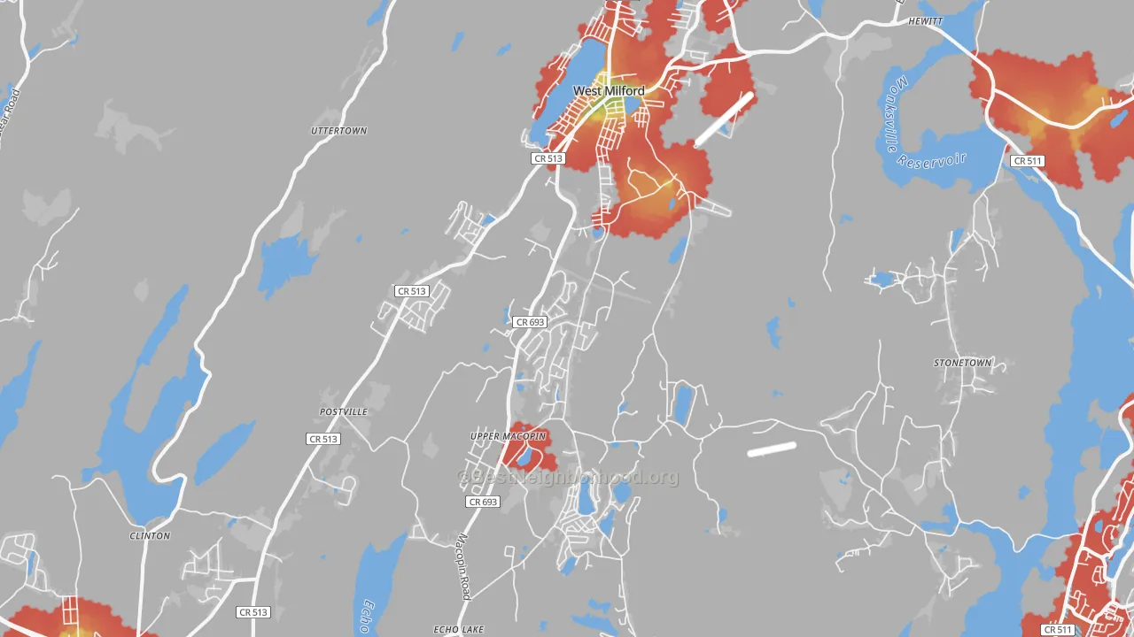 Walk Grade map of West Milford, NJ, walkable areas in green and car-dependent areas in red