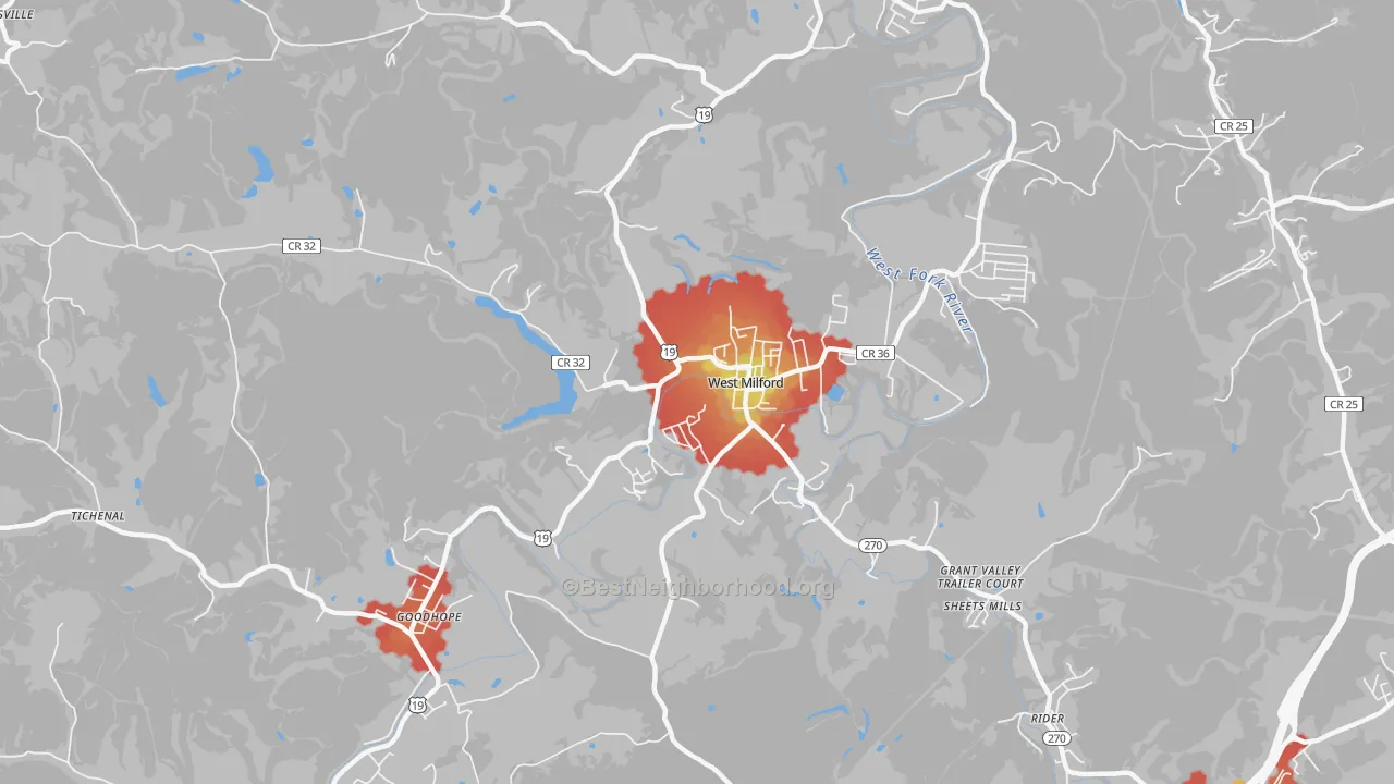 Walk Grade map of West Milford, WV, walkable areas in green and car-dependent areas in red
