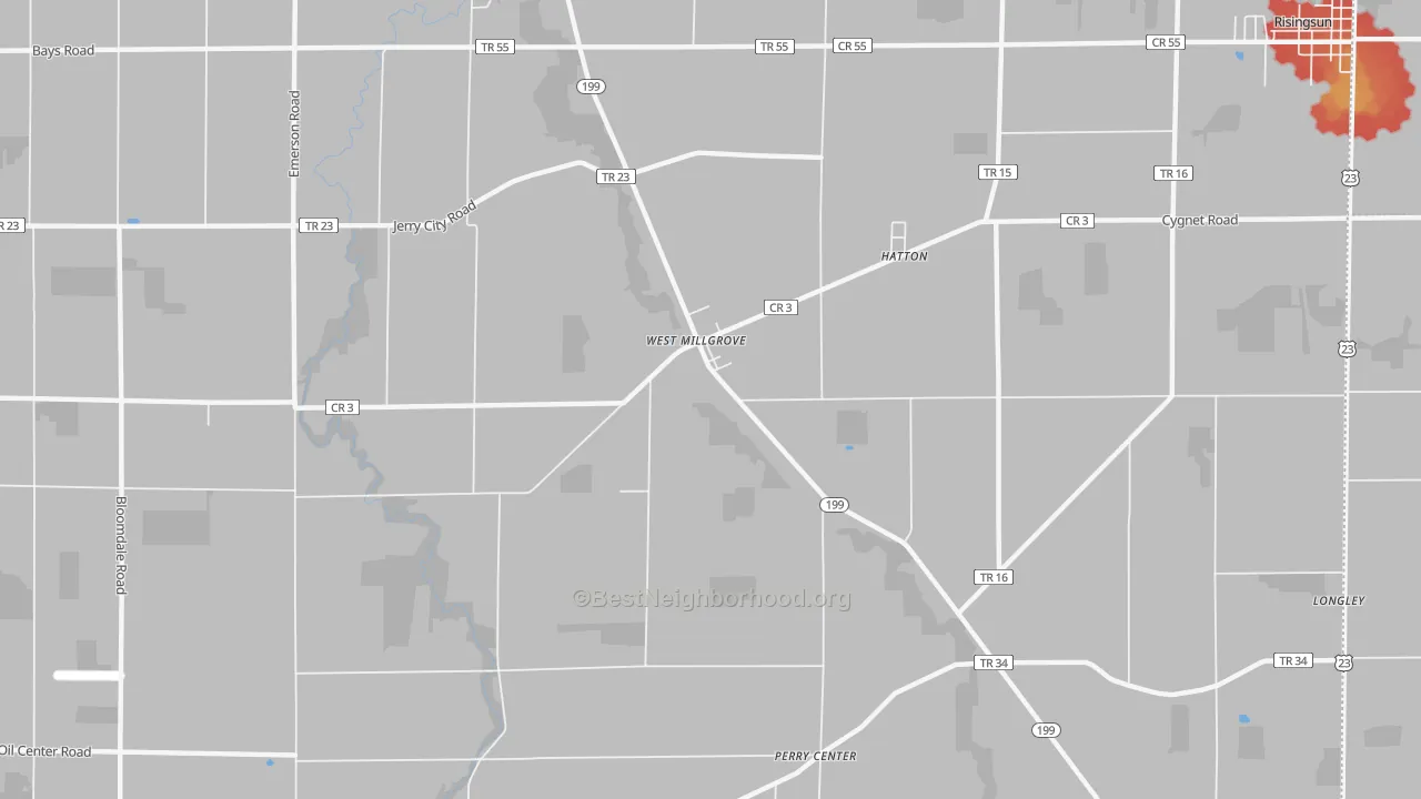 Walk Grade map of West Millgrove, OH, walkable areas in green and car-dependent areas in red