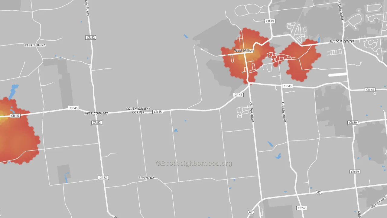 Walk Grade map of West Milton, NY, walkable areas in green and car-dependent areas in red