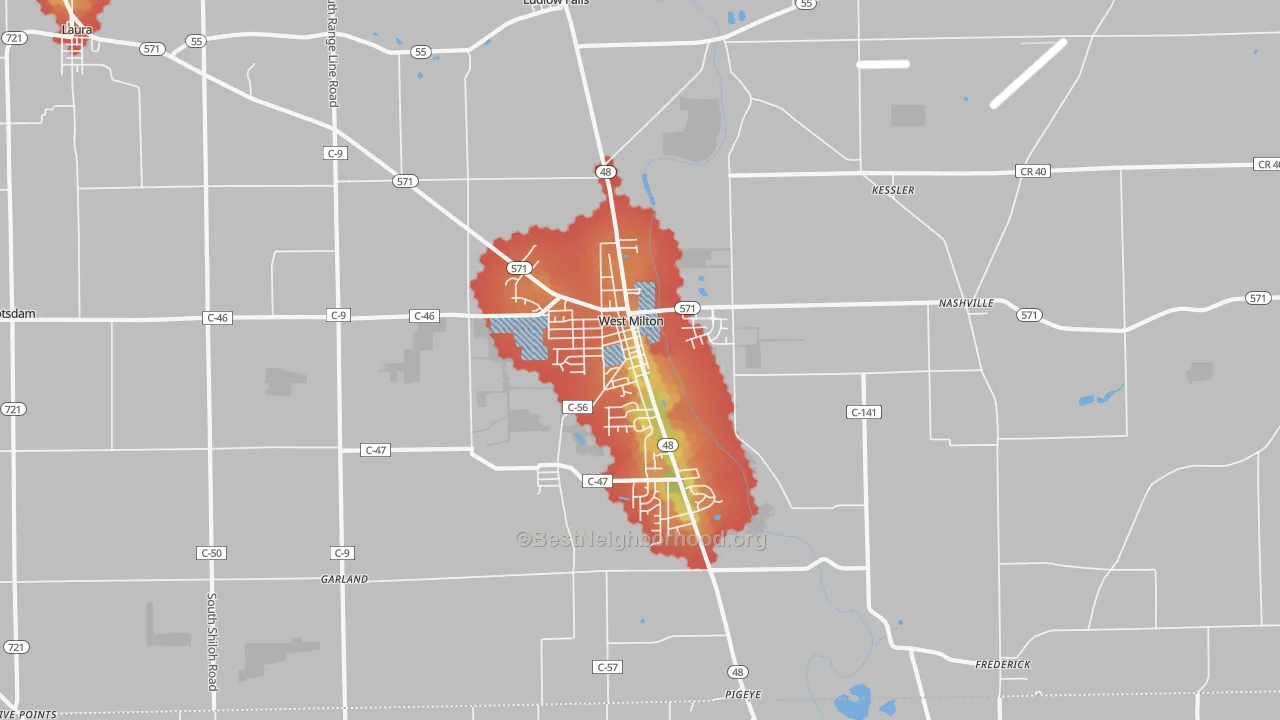 Walk Grade map of West Milton, OH, walkable areas in green and car-dependent areas in red