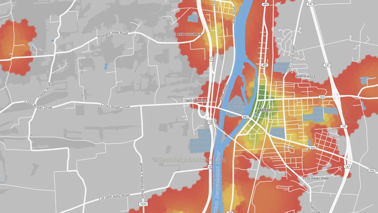 Walk Grade map of West Milton, PA, walkable areas in green and car-dependent areas in red