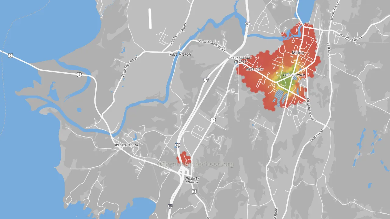 Walk Grade map of West Milton, VT, walkable areas in green and car-dependent areas in red