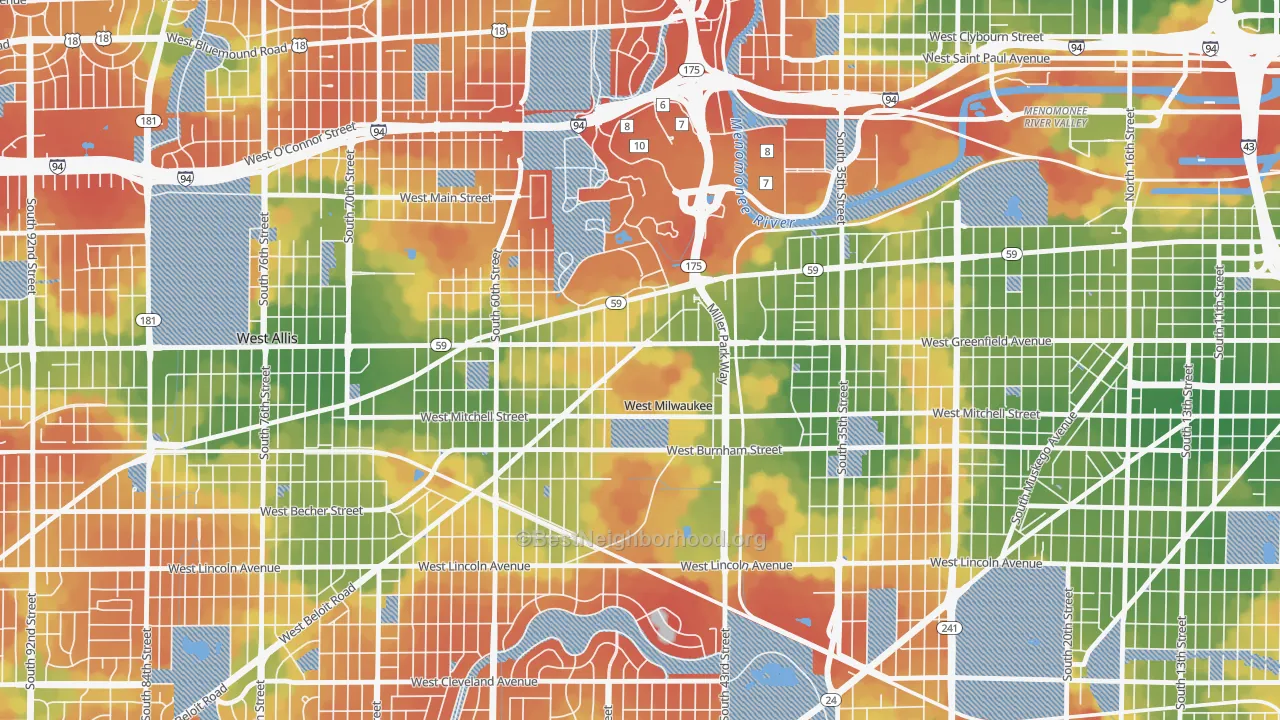 Walk Grade map of West Milwaukee, WI, walkable areas in green and car-dependent areas in red