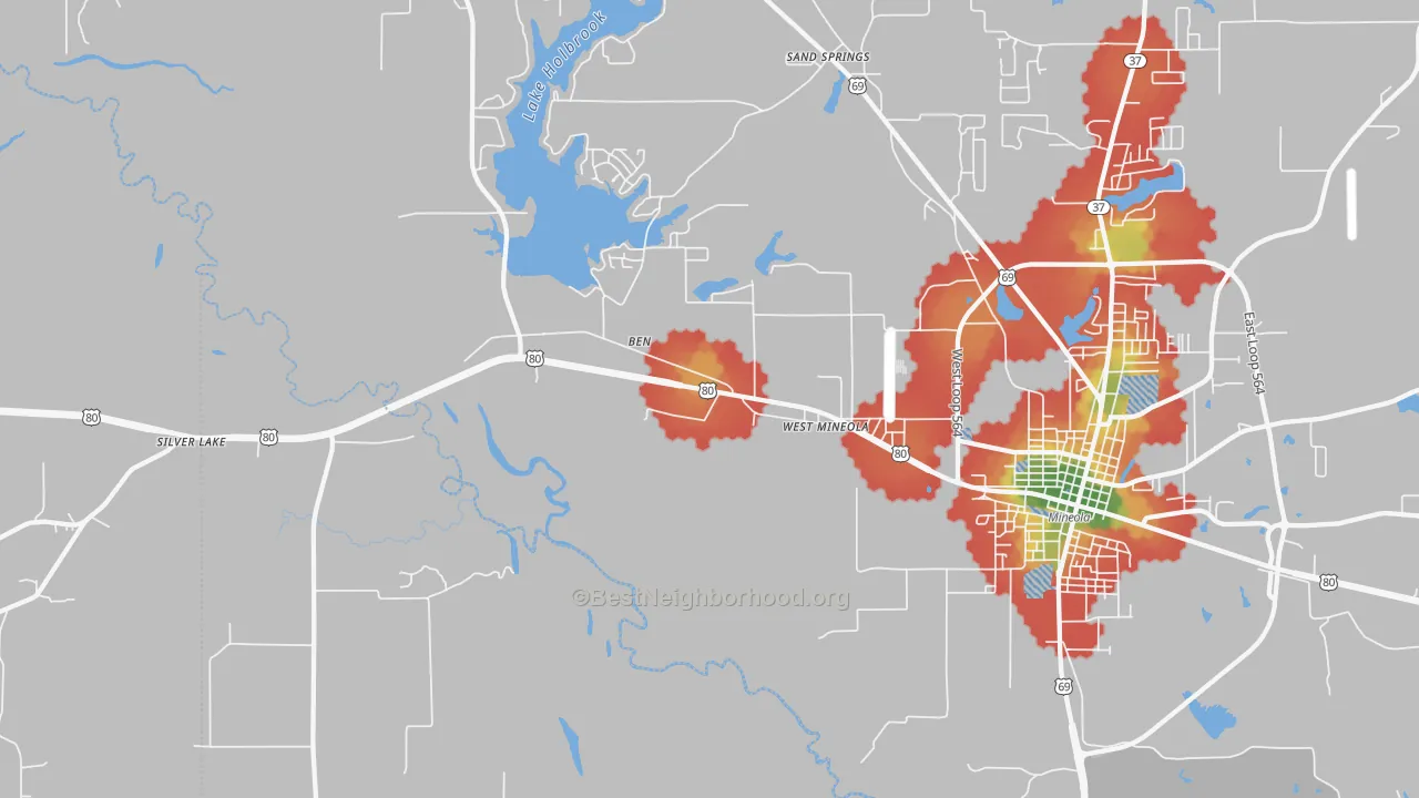 Walk Grade map of West Mineola, TX, walkable areas in green and car-dependent areas in red