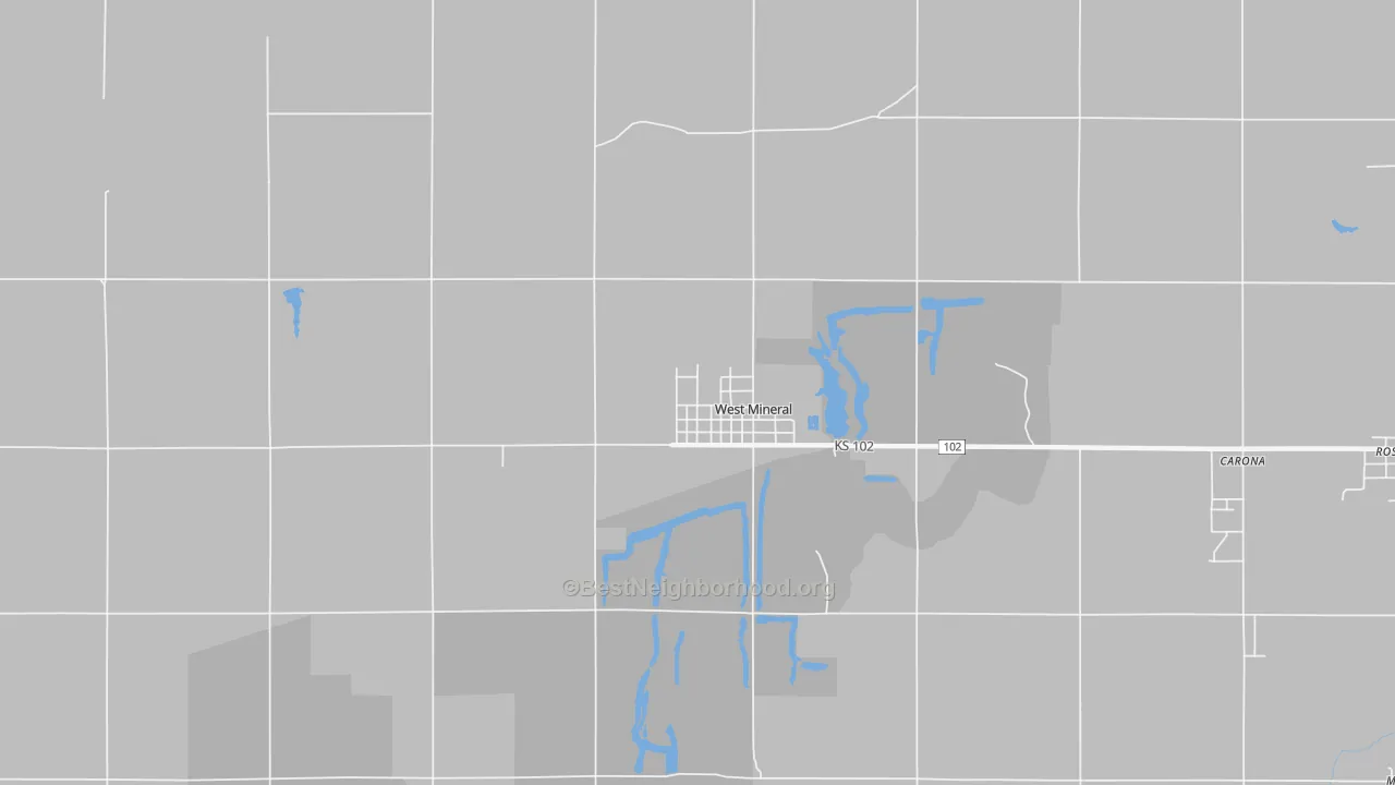 Walk Grade map of West Mineral, KS, walkable areas in green and car-dependent areas in red