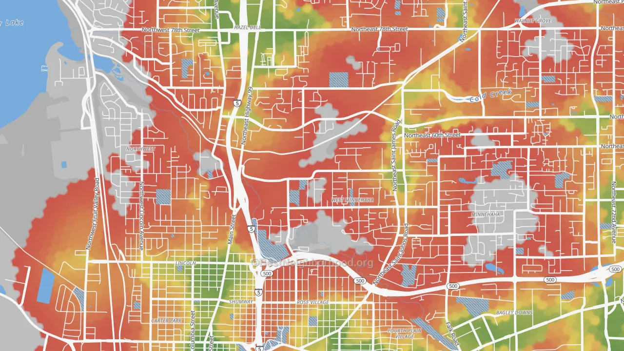Walk Grade map of West Minnehaha, Vancouver, WA, walkable areas in green and car-dependent areas in red