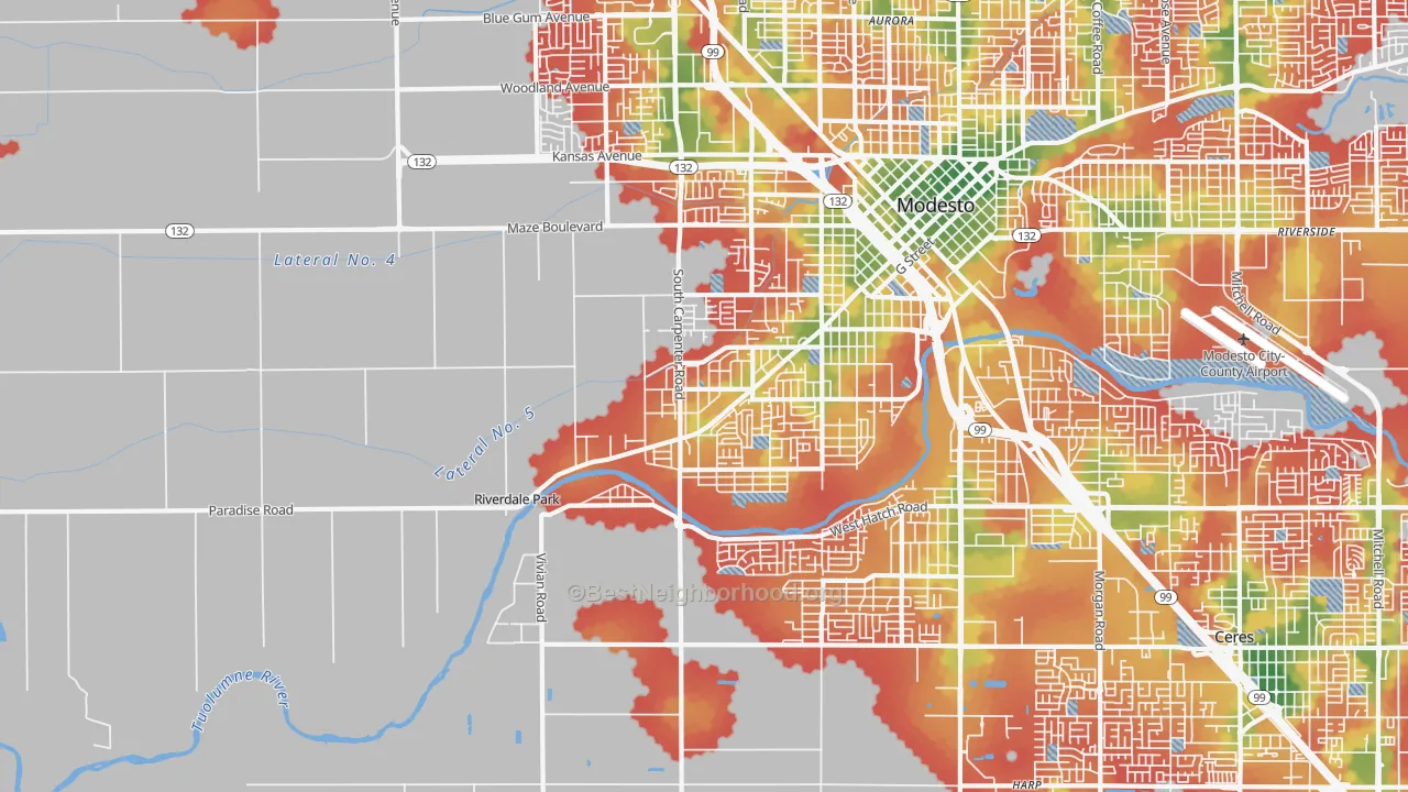 Walk Grade map of West Modesto, Modesto, CA, walkable areas in green and car-dependent areas in red