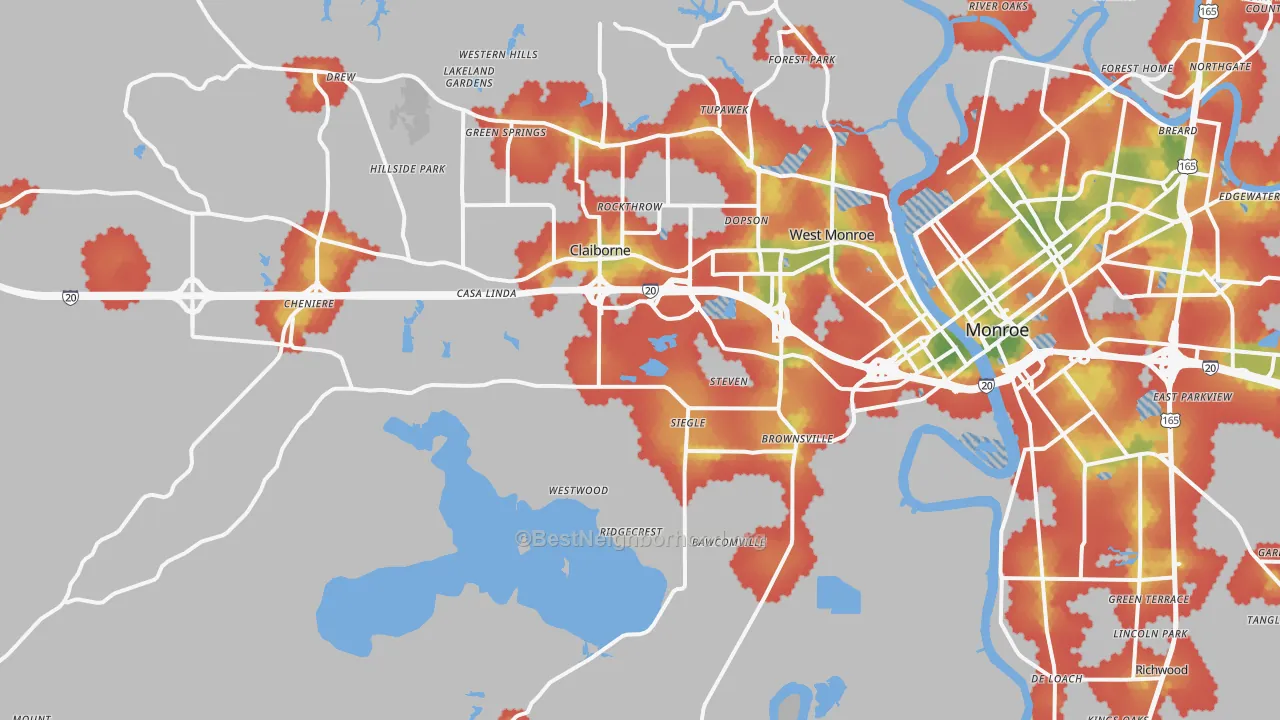 Walk Grade map of West Monroe, LA, walkable areas in green and car-dependent areas in red