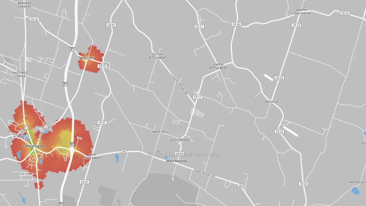 Walk Grade map of West Monroe, NY, walkable areas in green and car-dependent areas in red