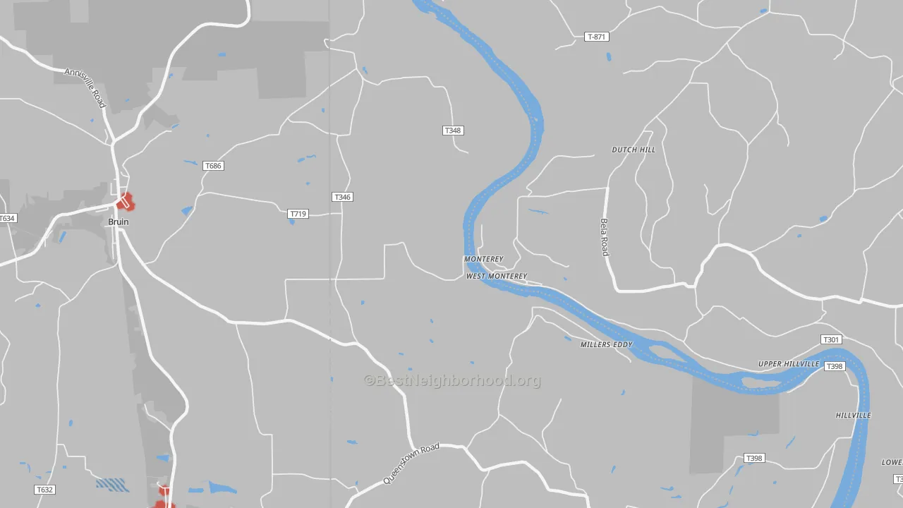 Walk Grade map of West Monterey, PA, walkable areas in green and car-dependent areas in red