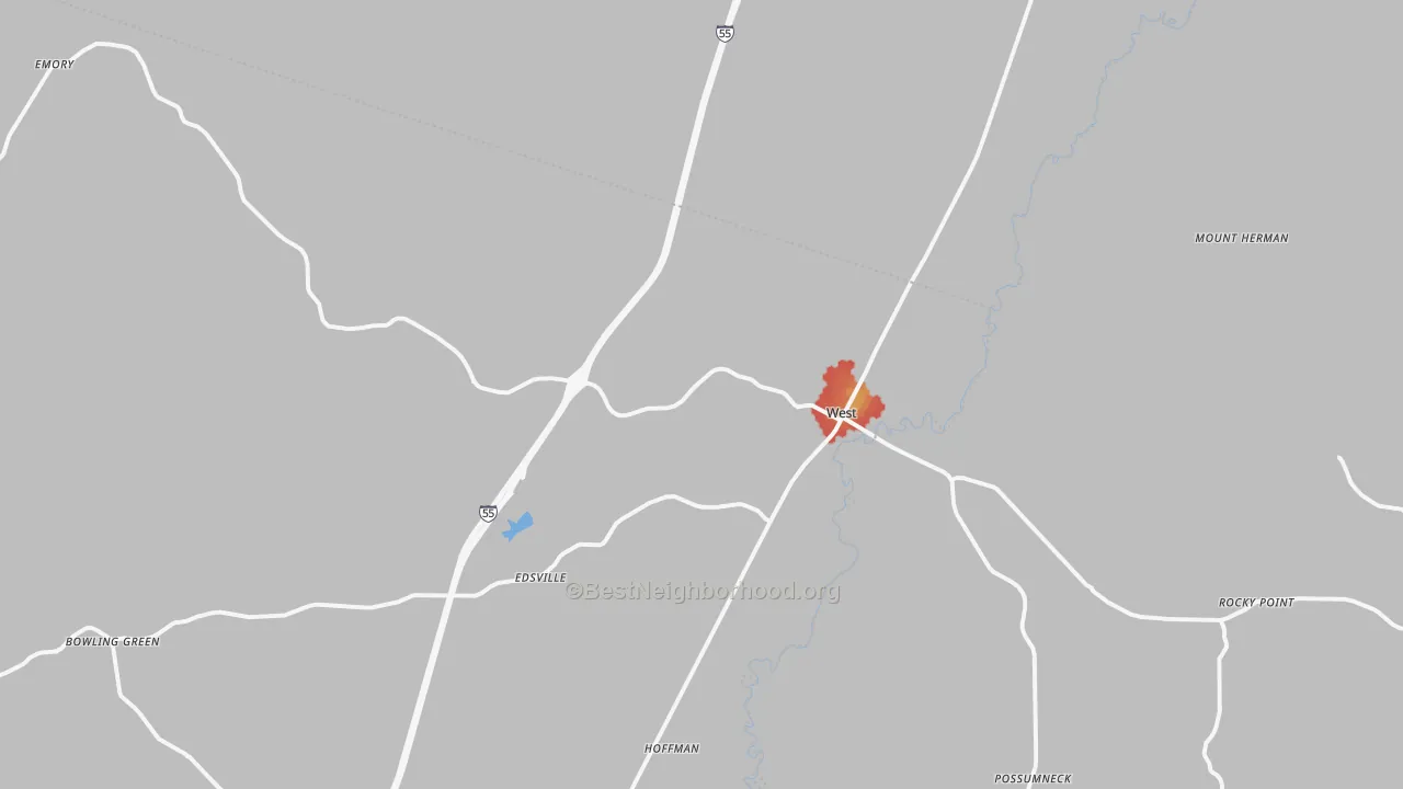 Walk Grade map of West, MS, walkable areas in green and car-dependent areas in red