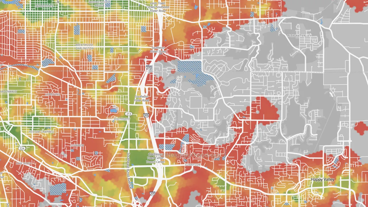 Walk Grade map of West Mt. Scott, Happy Valley, OR, walkable areas in green and car-dependent areas in red