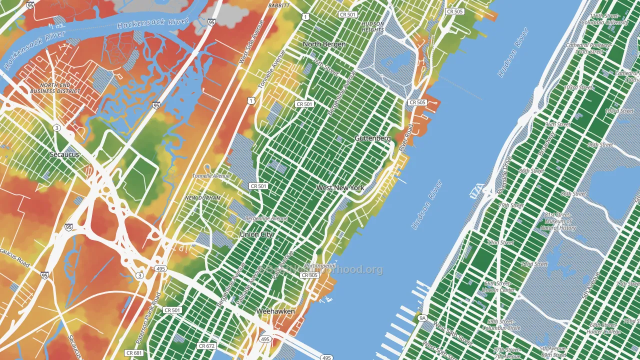 Walk Grade map of West New York, NJ, walkable areas in green and car-dependent areas in red