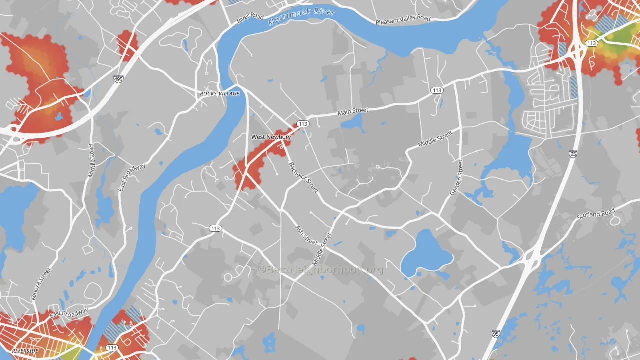 Walk Grade map of West Newbury, MA, walkable areas in green and car-dependent areas in red