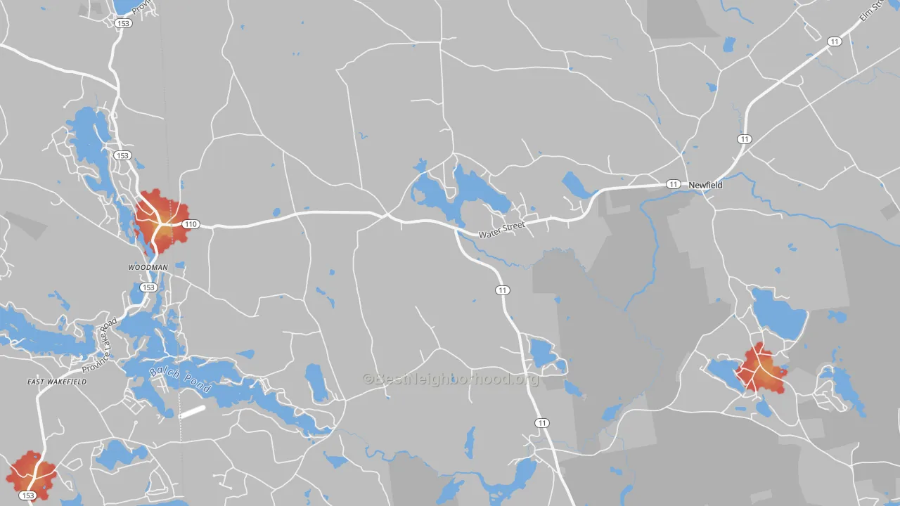 Walk Grade map of West Newfield, ME, walkable areas in green and car-dependent areas in red