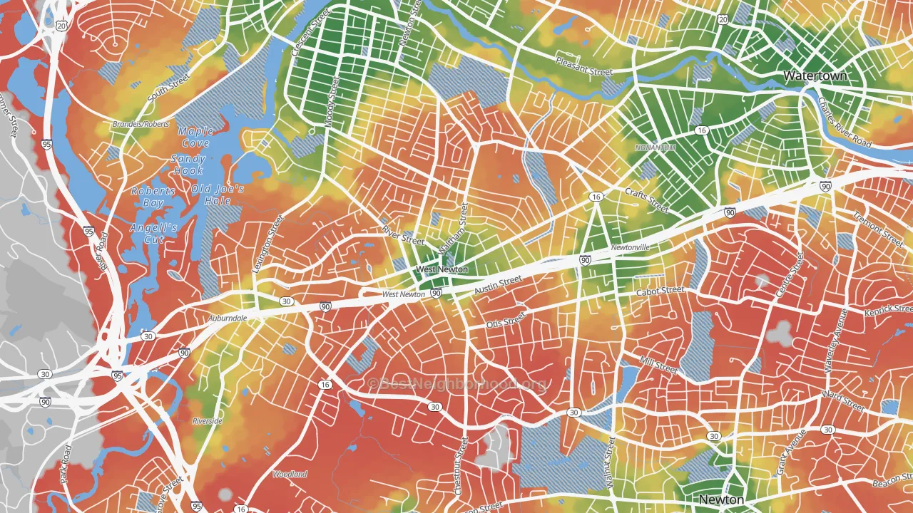 Walk Grade map of West Newton, Newton, MA, walkable areas in green and car-dependent areas in red