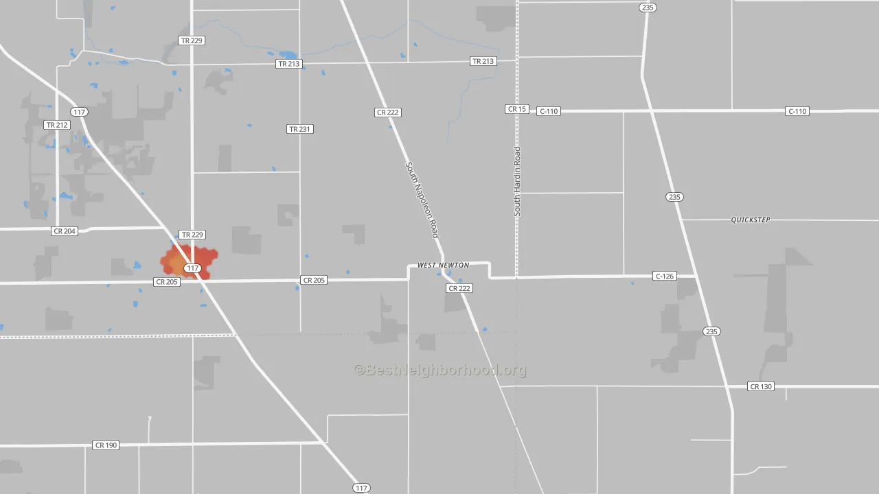 Walk Grade map of West Newton, OH, walkable areas in green and car-dependent areas in red