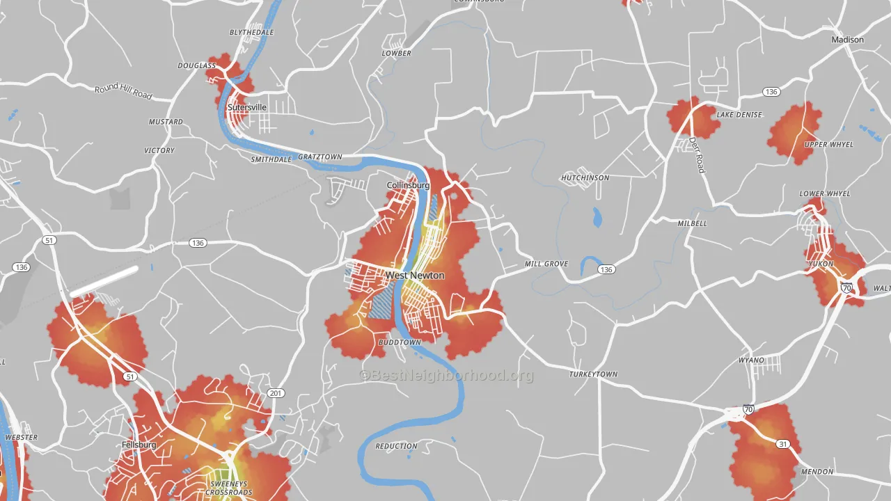 Walk Grade map of West Newton, PA, walkable areas in green and car-dependent areas in red