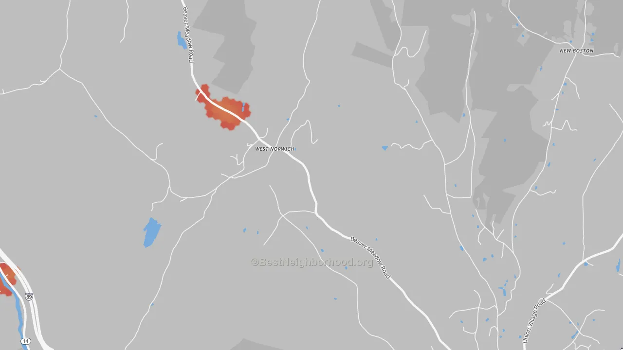 Walk Grade map of West Norwich, VT, walkable areas in green and car-dependent areas in red