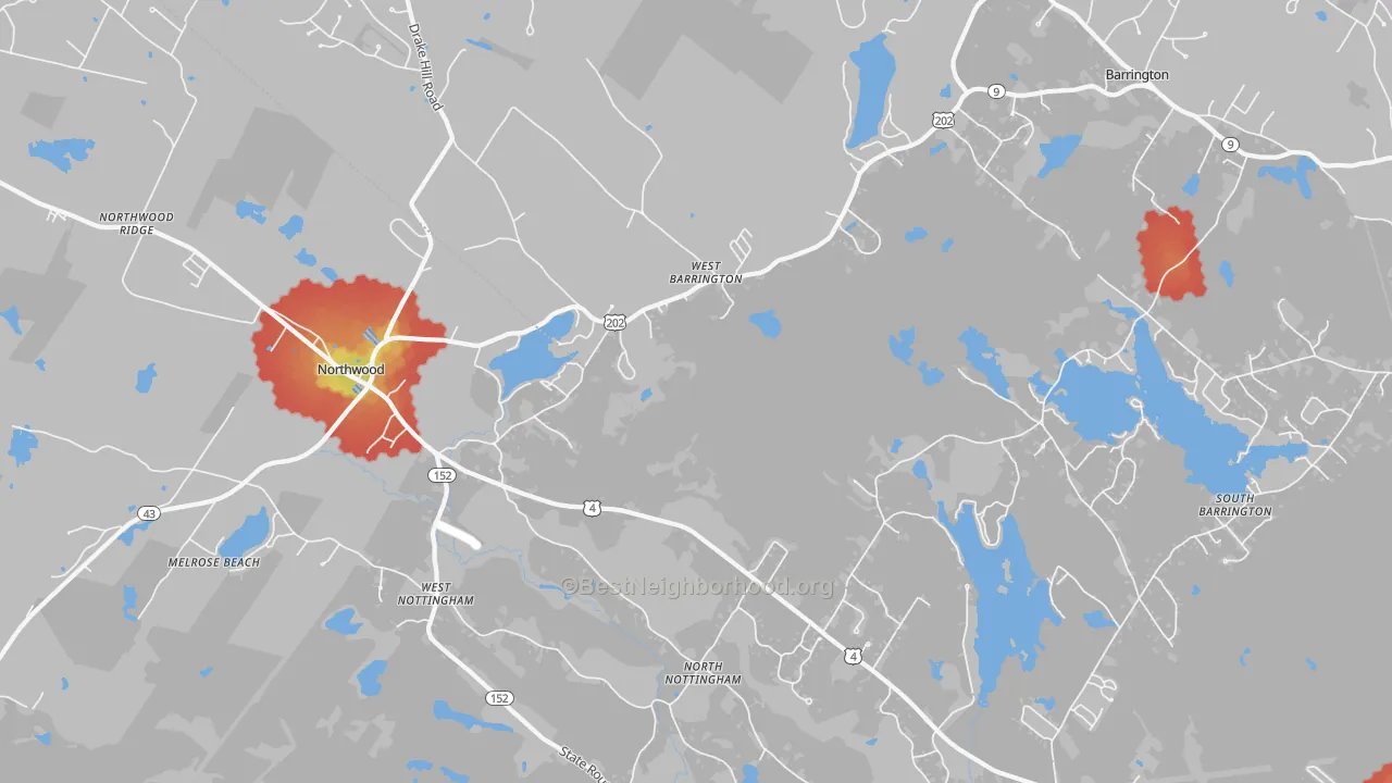 Walk Grade map of West Nottingham, NH, walkable areas in green and car-dependent areas in red