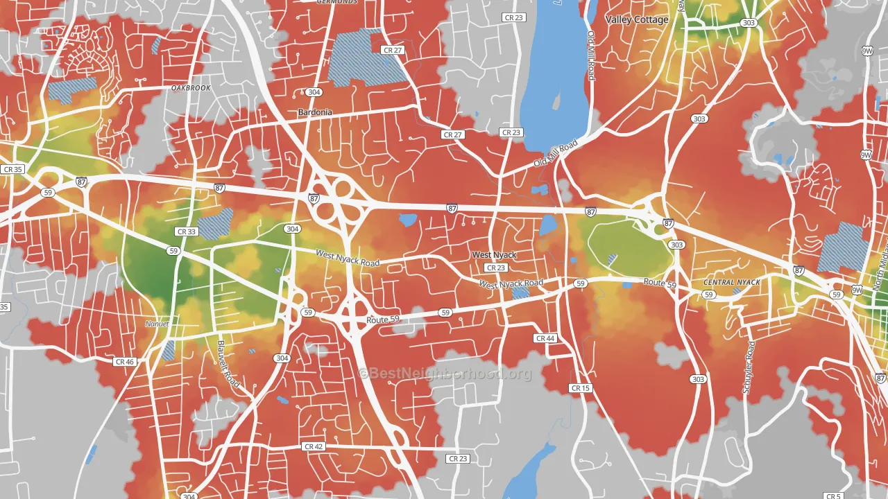 Walk Grade map of West Nyack, NY, walkable areas in green and car-dependent areas in red