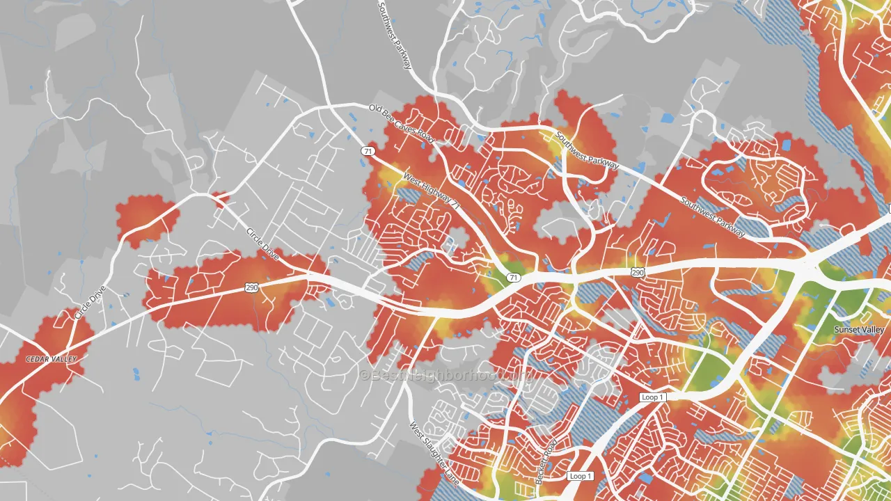 Walk Grade map of West Oak Hill, Austin, TX, walkable areas in green and car-dependent areas in red