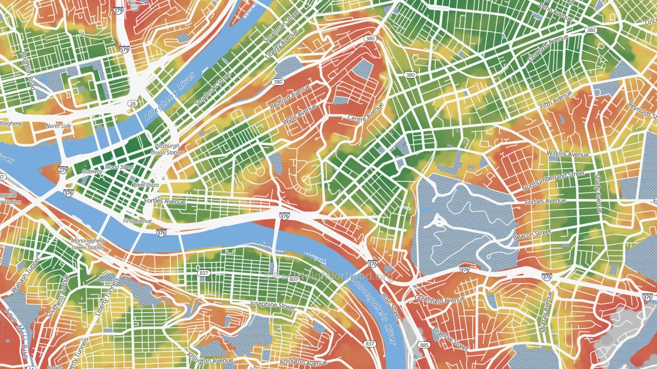 Walk Grade map of West Oakland, Pittsburgh, PA, walkable areas in green and car-dependent areas in red