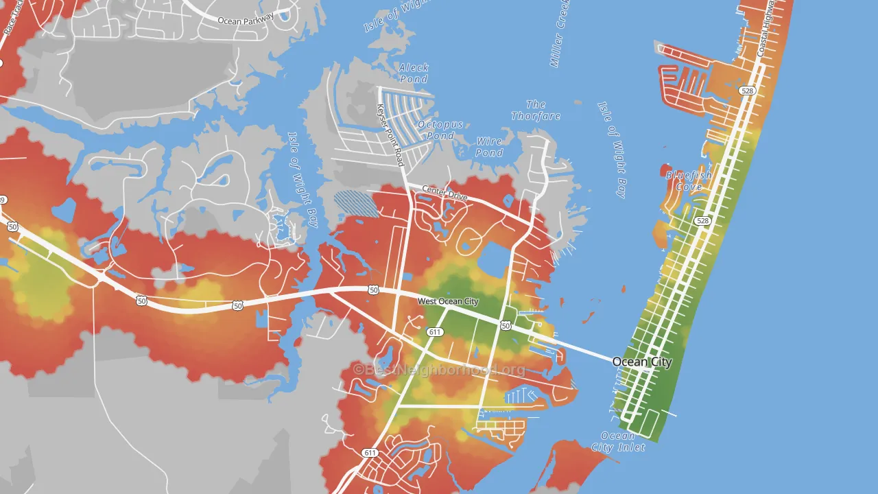Walk Grade map of West Ocean City, MD, walkable areas in green and car-dependent areas in red