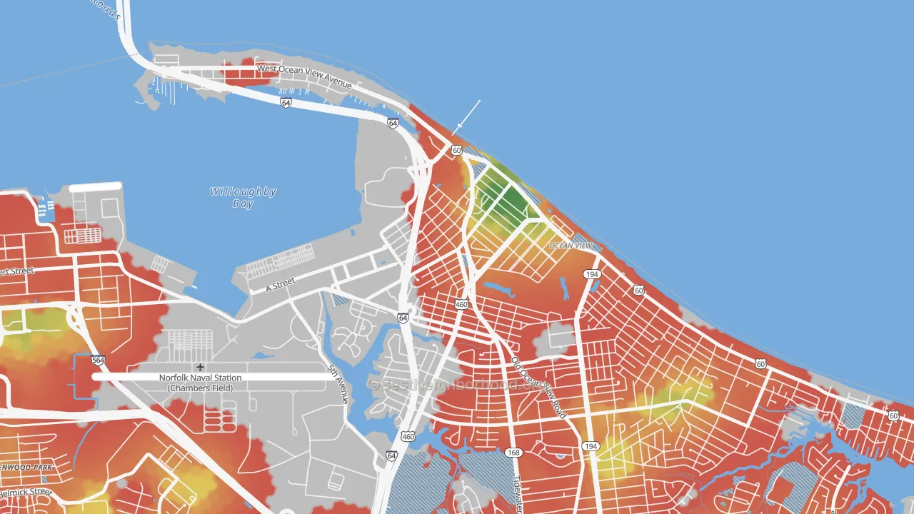 Walk Grade map of West Ocean View, Norfolk, VA, walkable areas in green and car-dependent areas in red