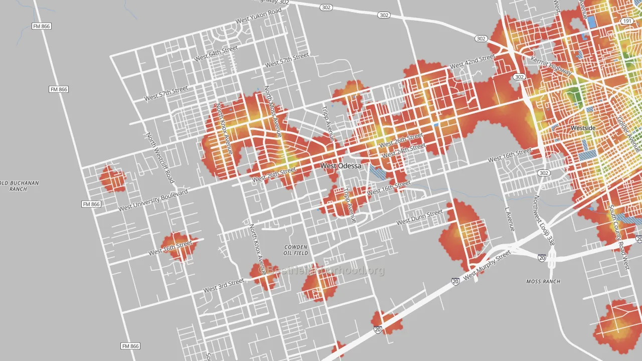Walk Grade map of West Odessa, TX, walkable areas in green and car-dependent areas in red