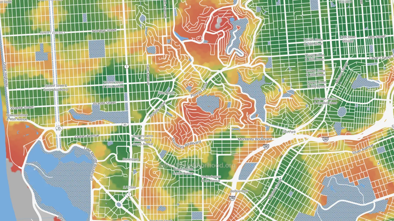 Walk Grade map of West of Twin Peaks, San Francisco, CA, walkable areas in green and car-dependent areas in red