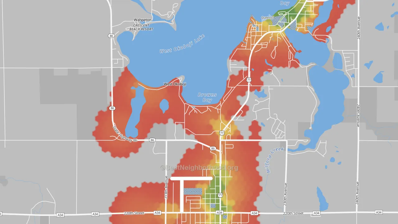 Walk Grade map of West Okoboji, IA, walkable areas in green and car-dependent areas in red