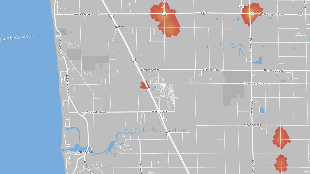 Walk Grade map of West Olive, MI, walkable areas in green and car-dependent areas in red