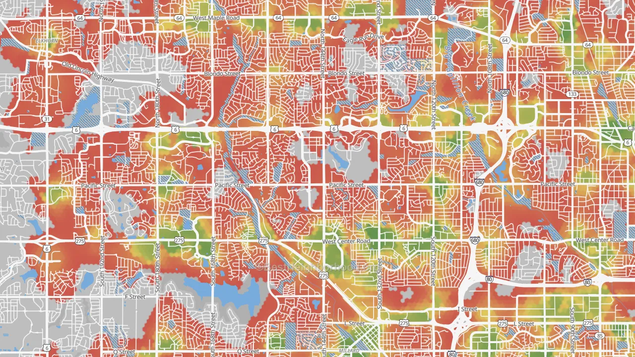 Walk Grade map of West Omaha, Omaha, NE, walkable areas in green and car-dependent areas in red