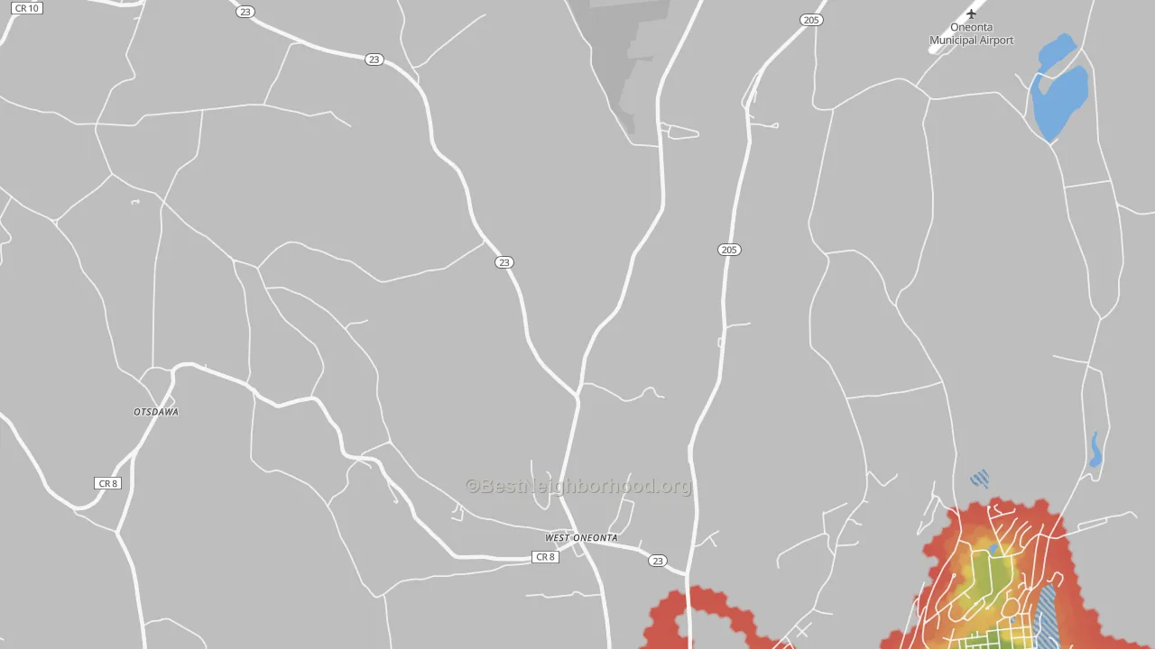 Walk Grade map of West Oneonta, NY, walkable areas in green and car-dependent areas in red