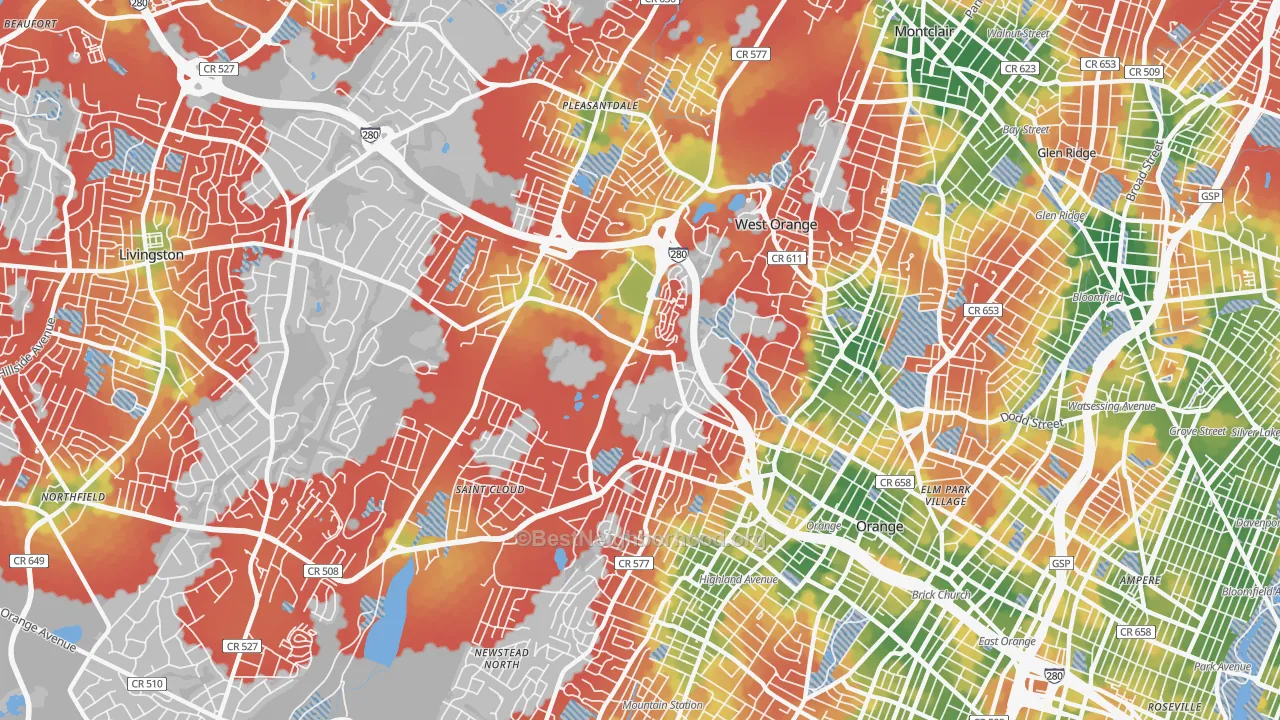 Walk Grade map of West Orange, NJ, walkable areas in green and car-dependent areas in red