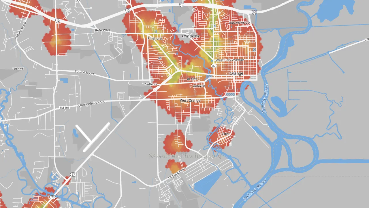 Walk Grade map of West Orange, TX, walkable areas in green and car-dependent areas in red