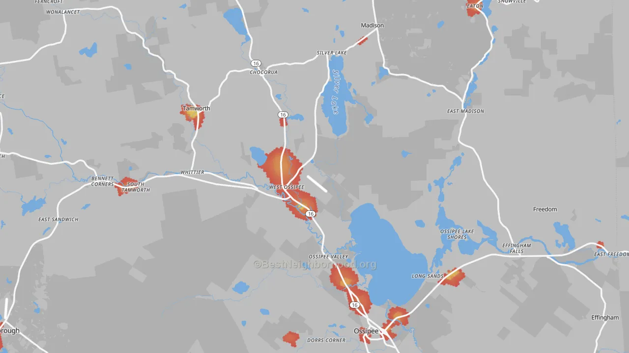 Walk Grade map of West Ossipee, NH, walkable areas in green and car-dependent areas in red