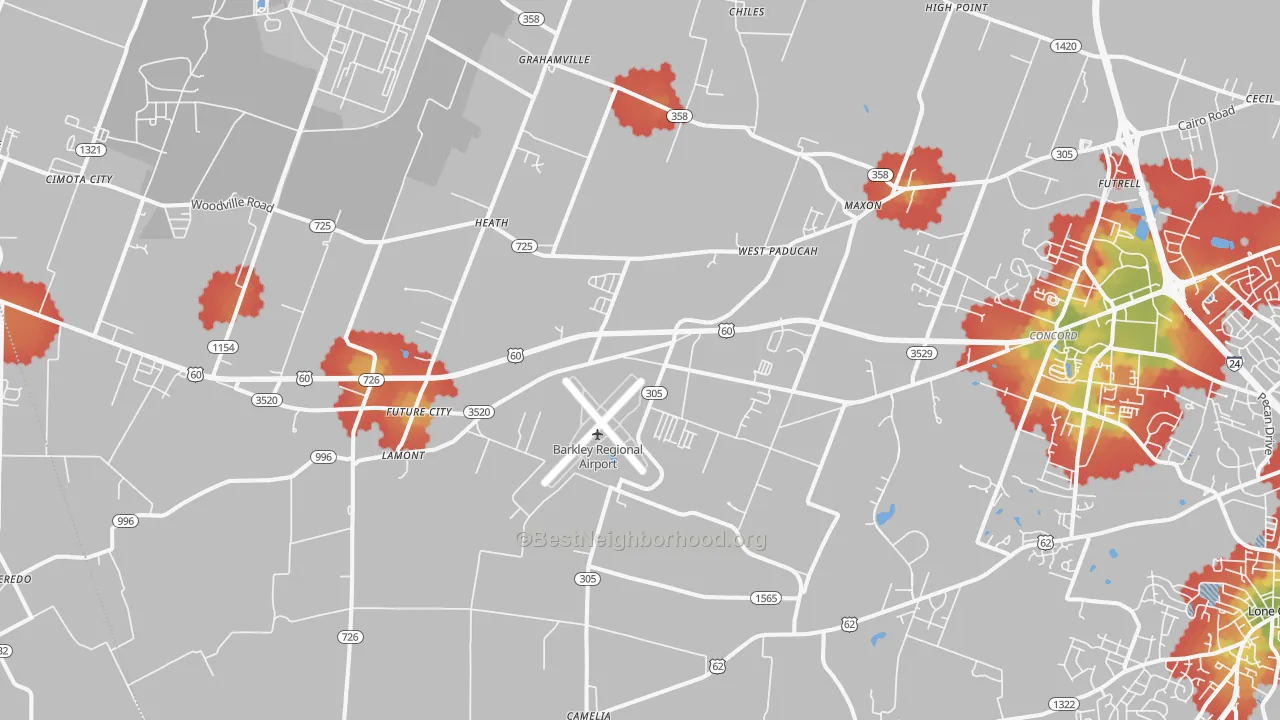 Walk Grade map of West Paducah, KY, walkable areas in green and car-dependent areas in red