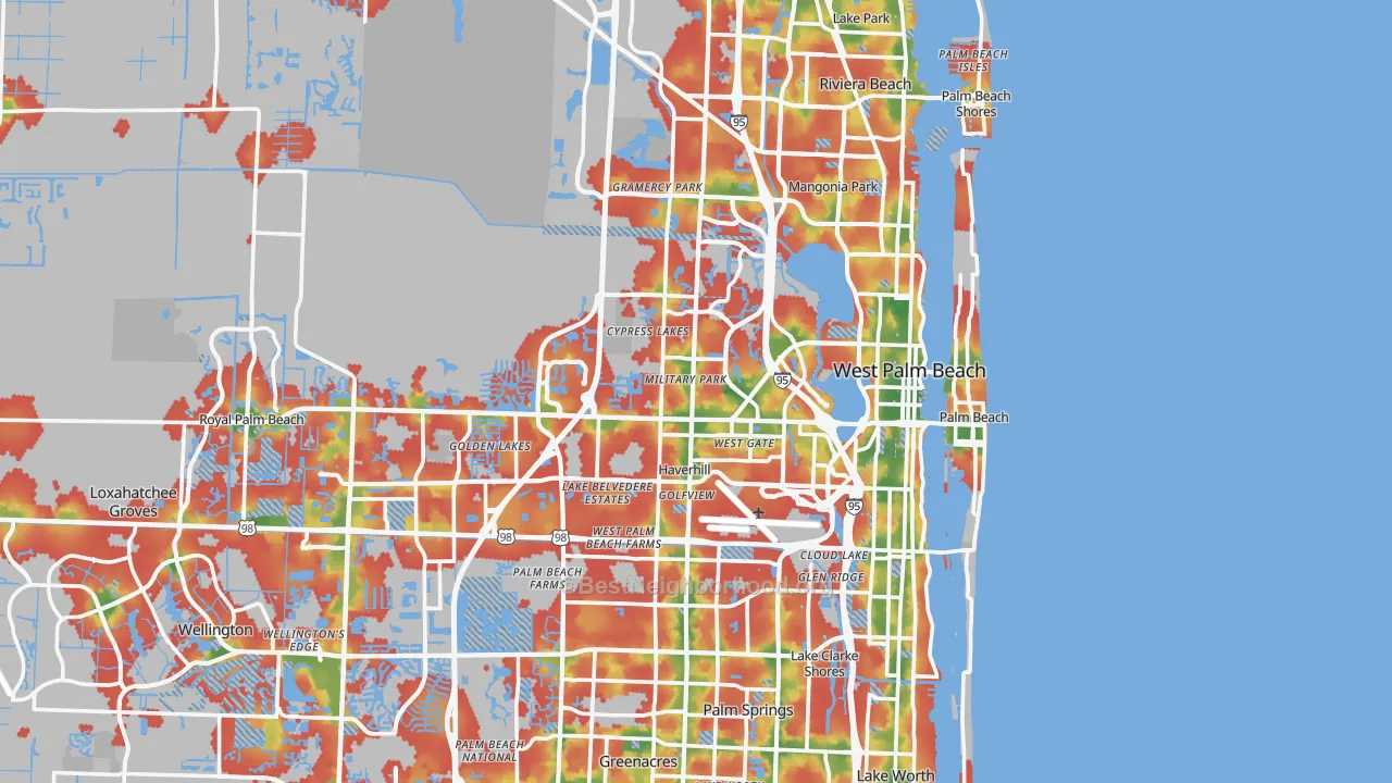 Walk Grade map of West Palm Beach, FL, walkable areas in green and car-dependent areas in red