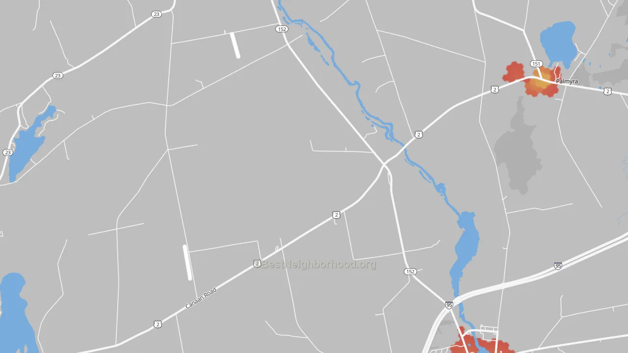 Walk Grade map of West Palmyra, ME, walkable areas in green and car-dependent areas in red