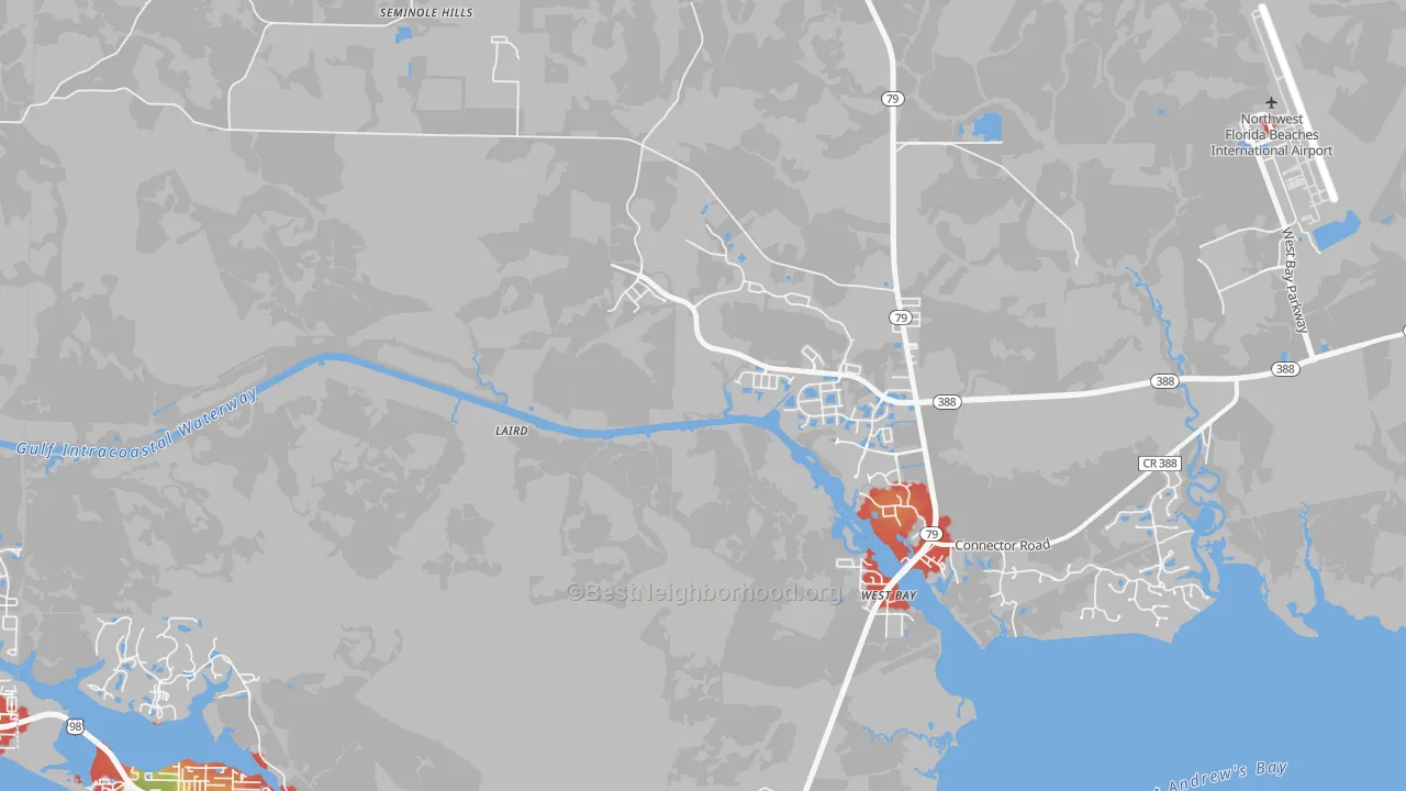 Walk Grade map of West Panama City Beach, FL, walkable areas in green and car-dependent areas in red