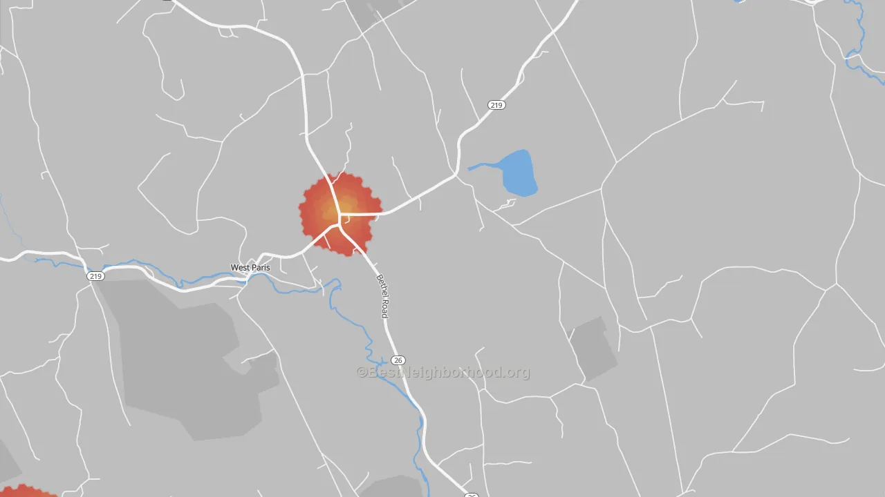 Walk Grade map of West Paris, ME, walkable areas in green and car-dependent areas in red