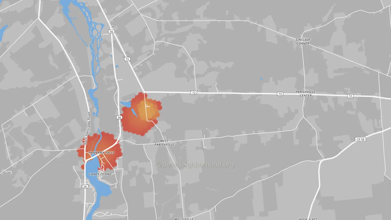 Walk Grade map of West Parishville, NY, walkable areas in green and car-dependent areas in red