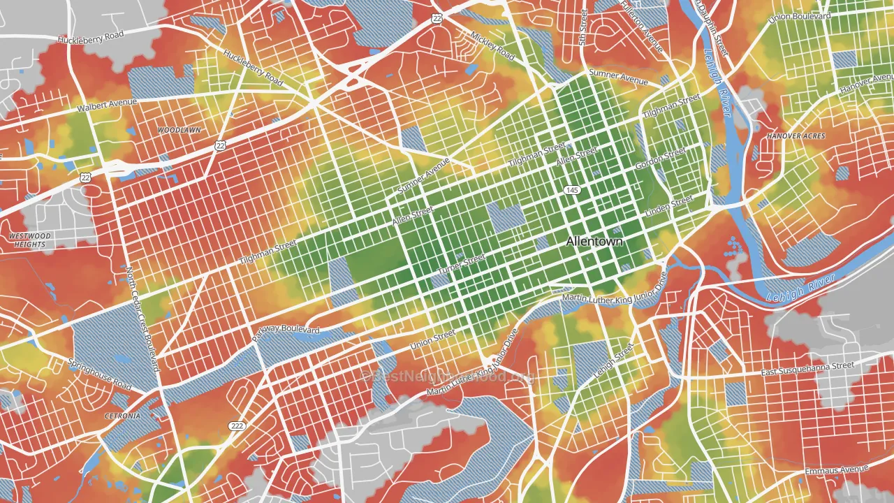 Walk Grade map of West Park, Allentown, PA, walkable areas in green and car-dependent areas in red
