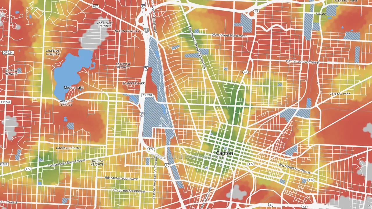 Walk Grade map of West Park, Canton, OH, walkable areas in green and car-dependent areas in red