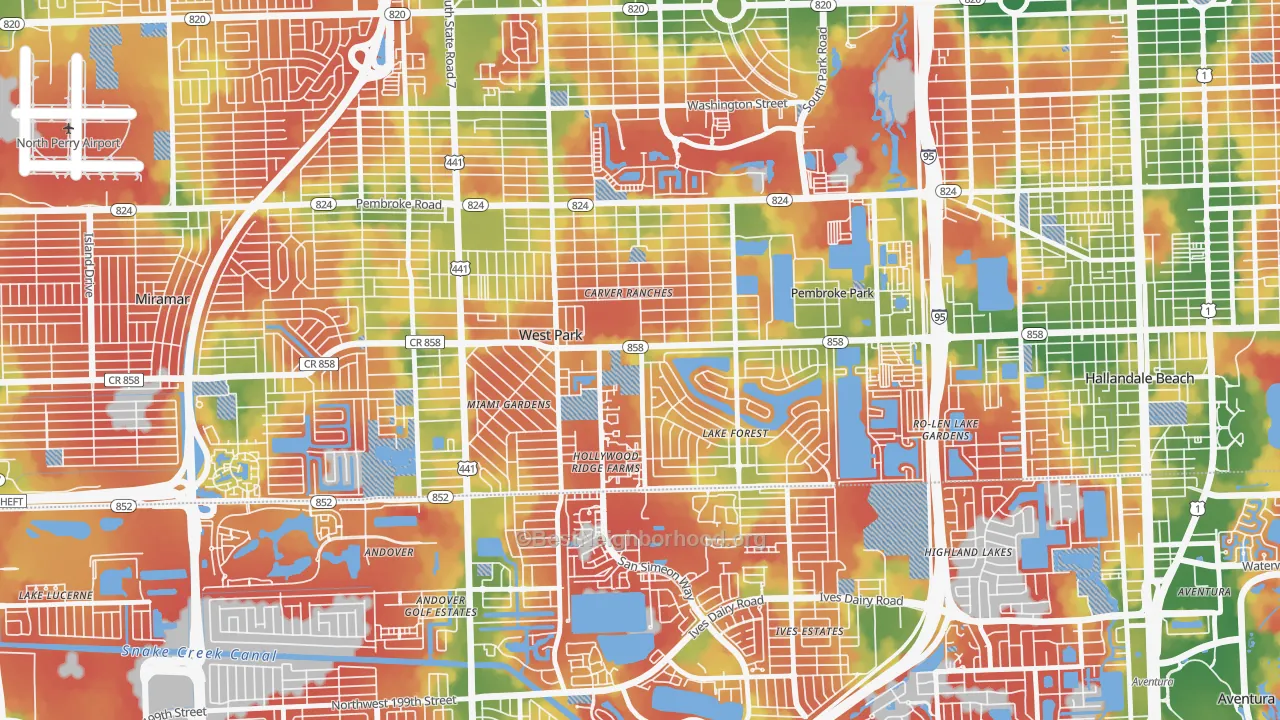 Walk Grade map of West Park, FL, walkable areas in green and car-dependent areas in red
